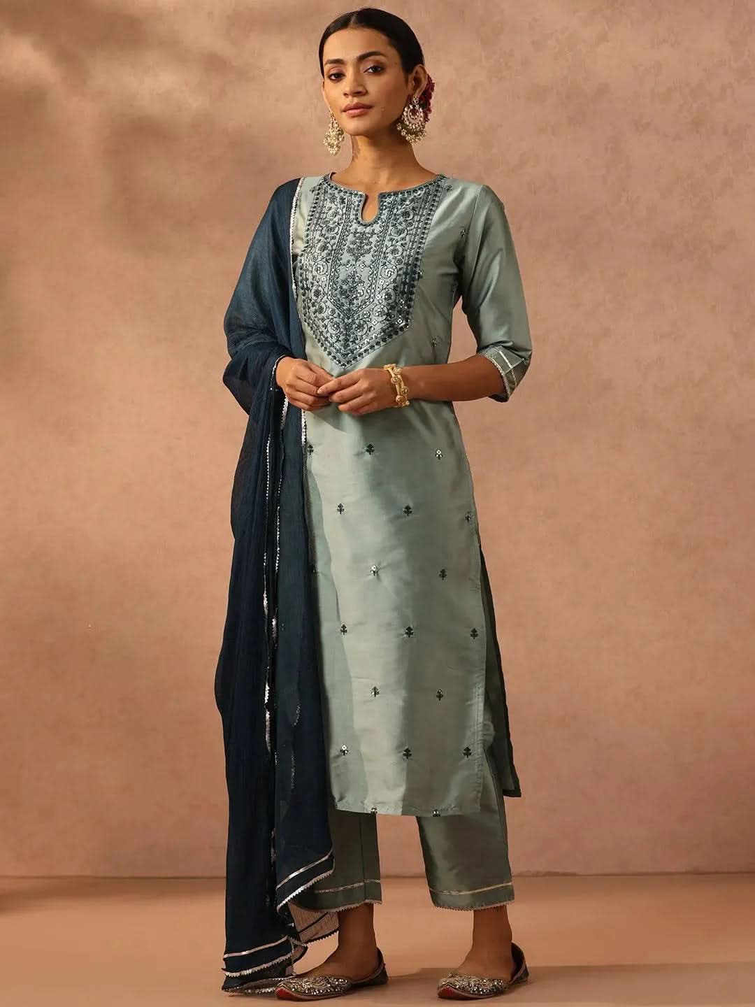 Green Yoke Design Silk Blend Suit Set With Trousers - Libas