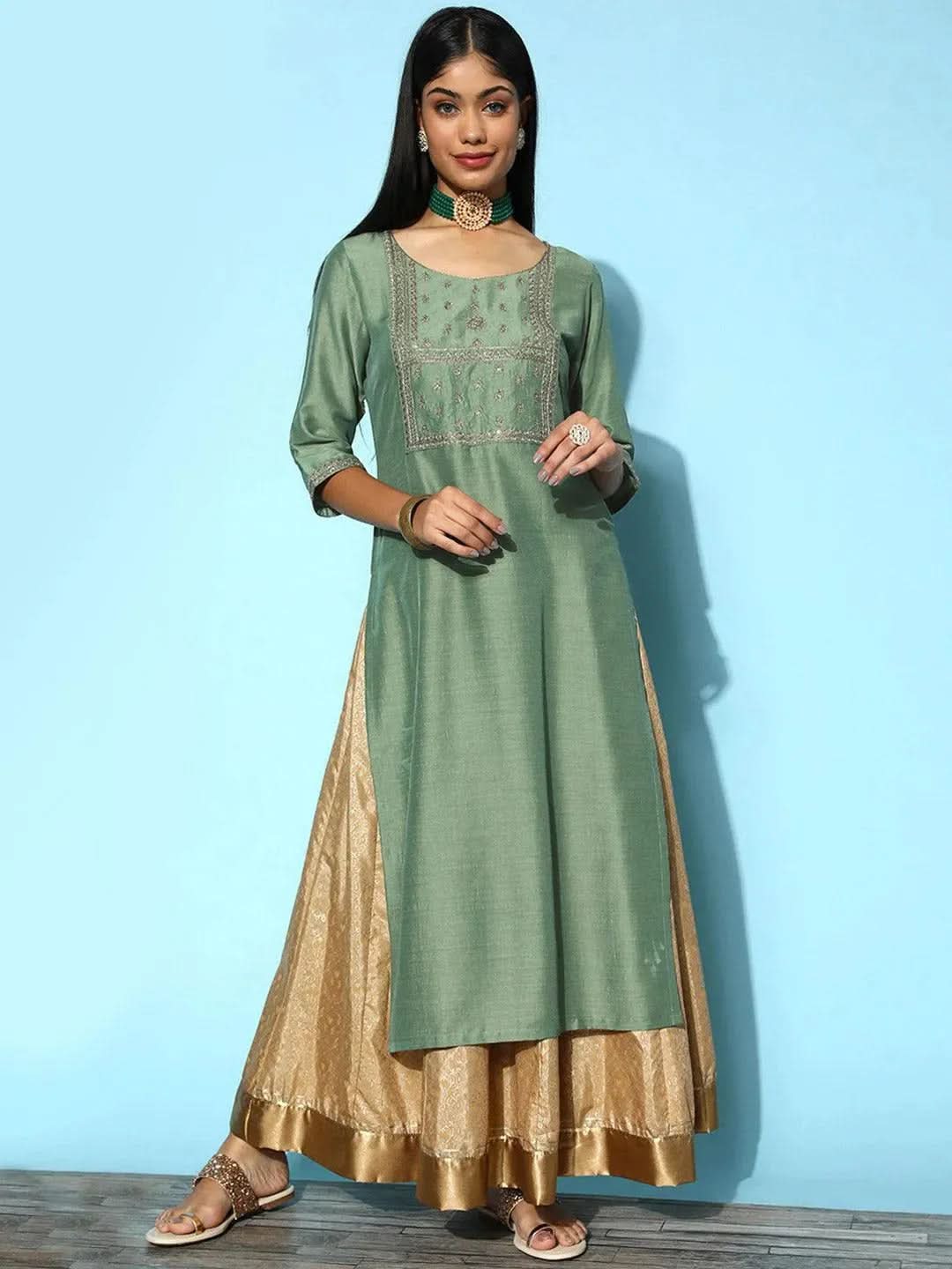 Green Yoke Design Silk Straight Kurta - Libas