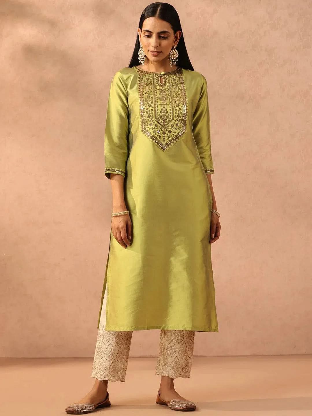 Green Yoke Design Silk Straight Kurta - Libas