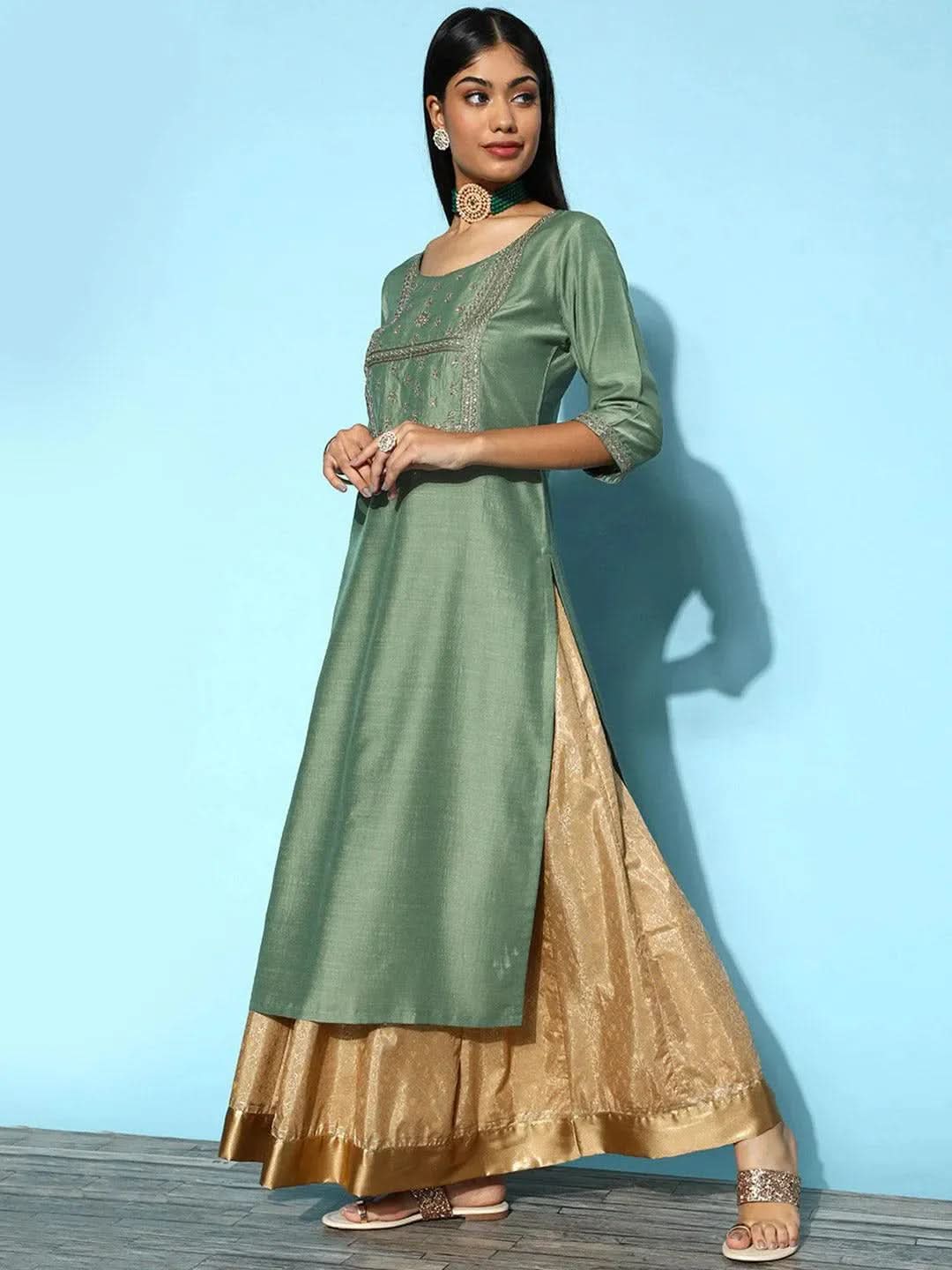Green Yoke Design Silk Straight Kurta - Libas