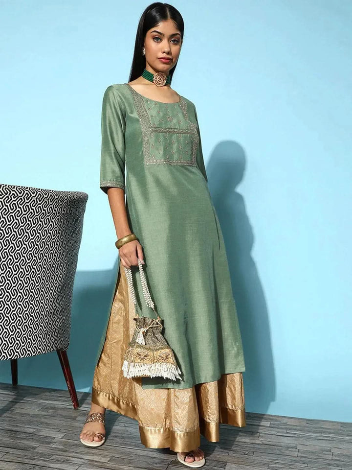 Green Yoke Design Silk Straight Kurta - Libas