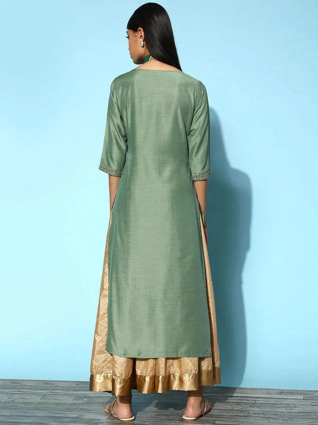 Green Yoke Design Silk Straight Kurta - Libas