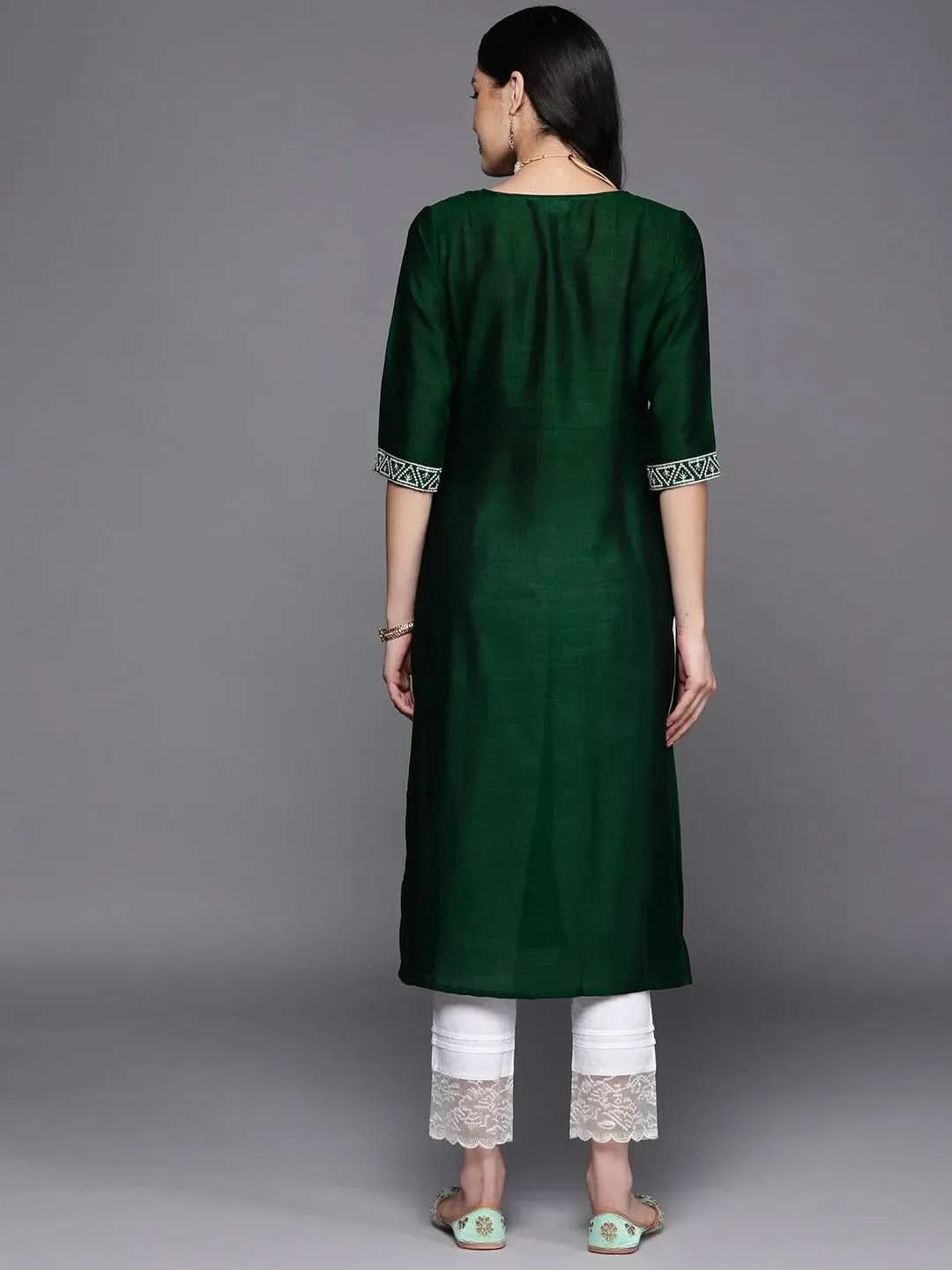 Green Yoke Design Silk Straight Kurta - Libas