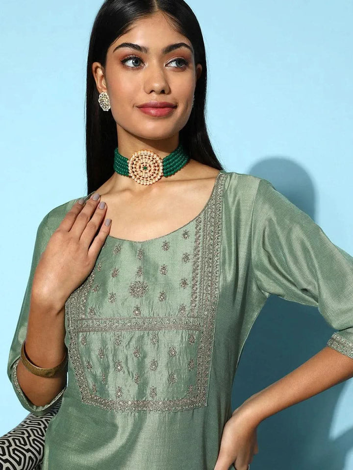 Green Yoke Design Silk Straight Kurta - Libas
