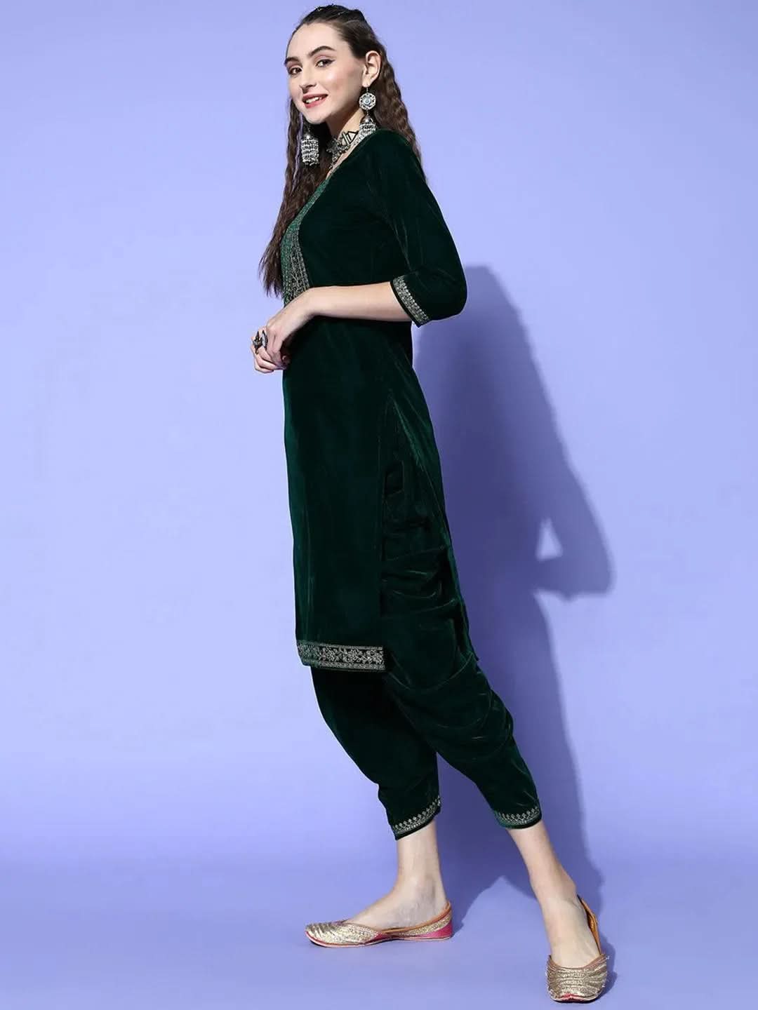 Green Yoke Design Velvet Straight Suit Set - Libas