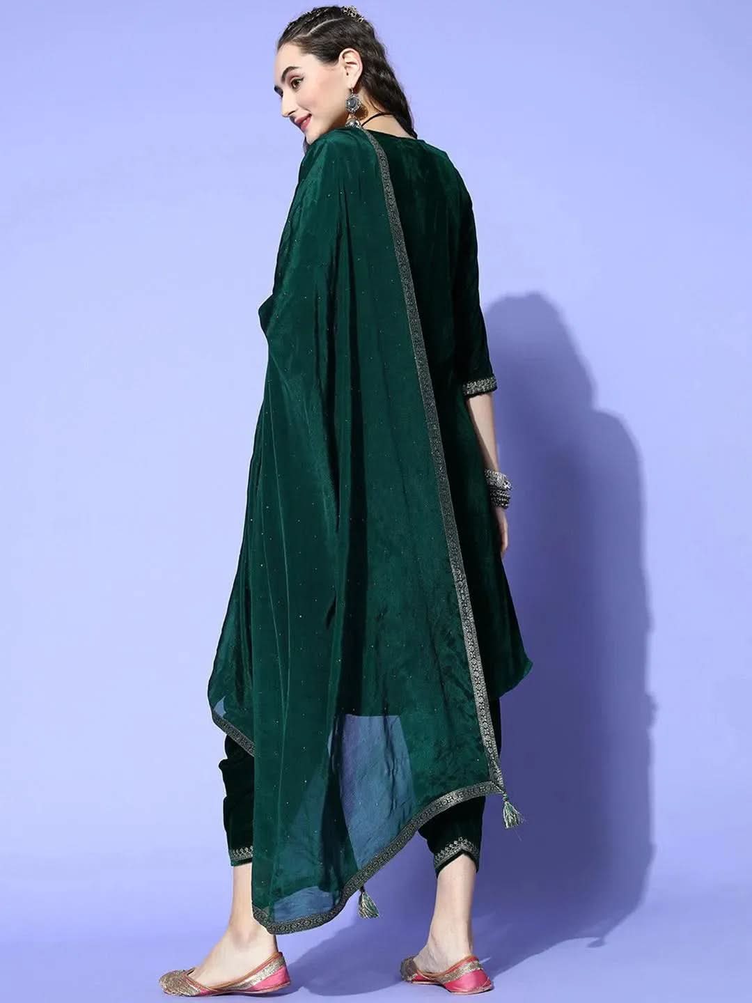 Green Yoke Design Velvet Straight Kurta With Dhoti Pant & Dupatta
Green Yoke Design Velvet Straight Kurta With Dhoti Pant & Dupatta