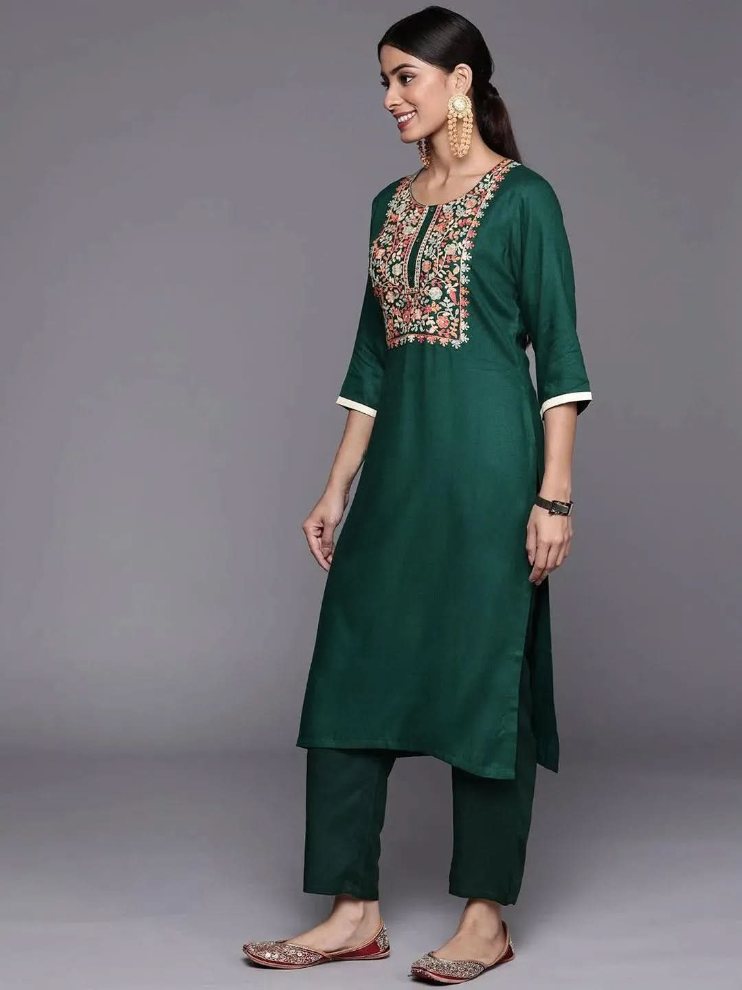 Green Yoke Design Wool Straight Kurta - Libas