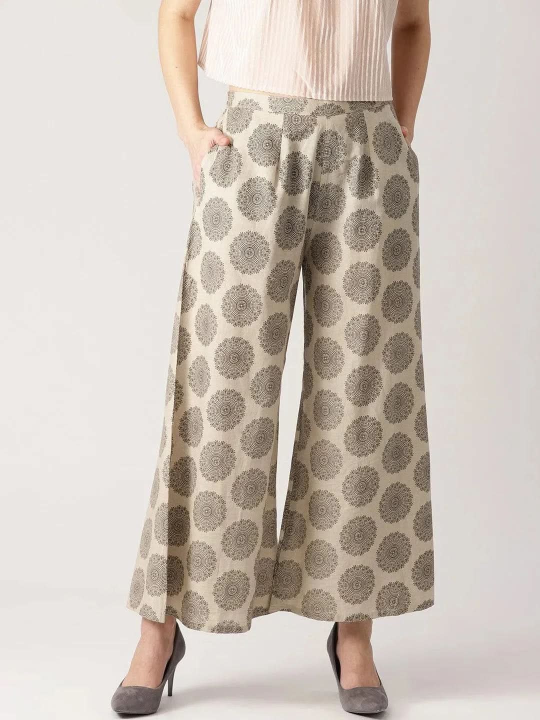 Grey Abstract Cotton Palazzos - Libas
