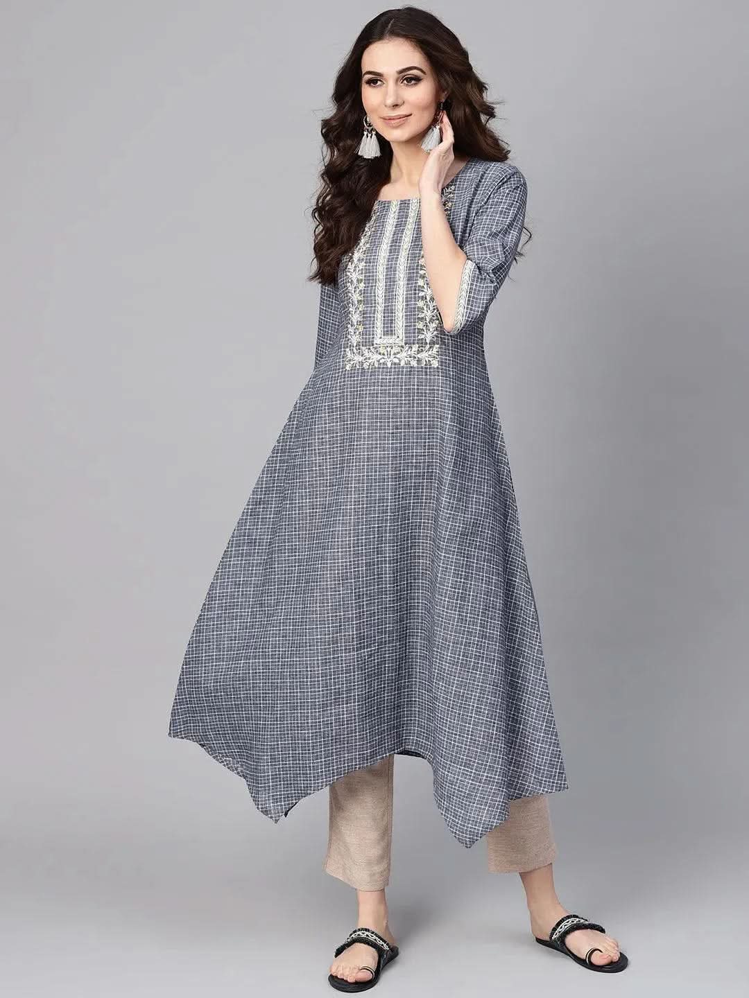 Grey Checkered Cotton Kurta - Libas