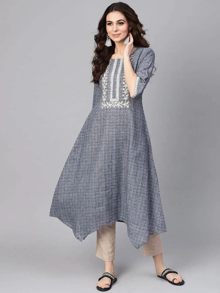 Grey Checkered Cotton Kurta - Libas