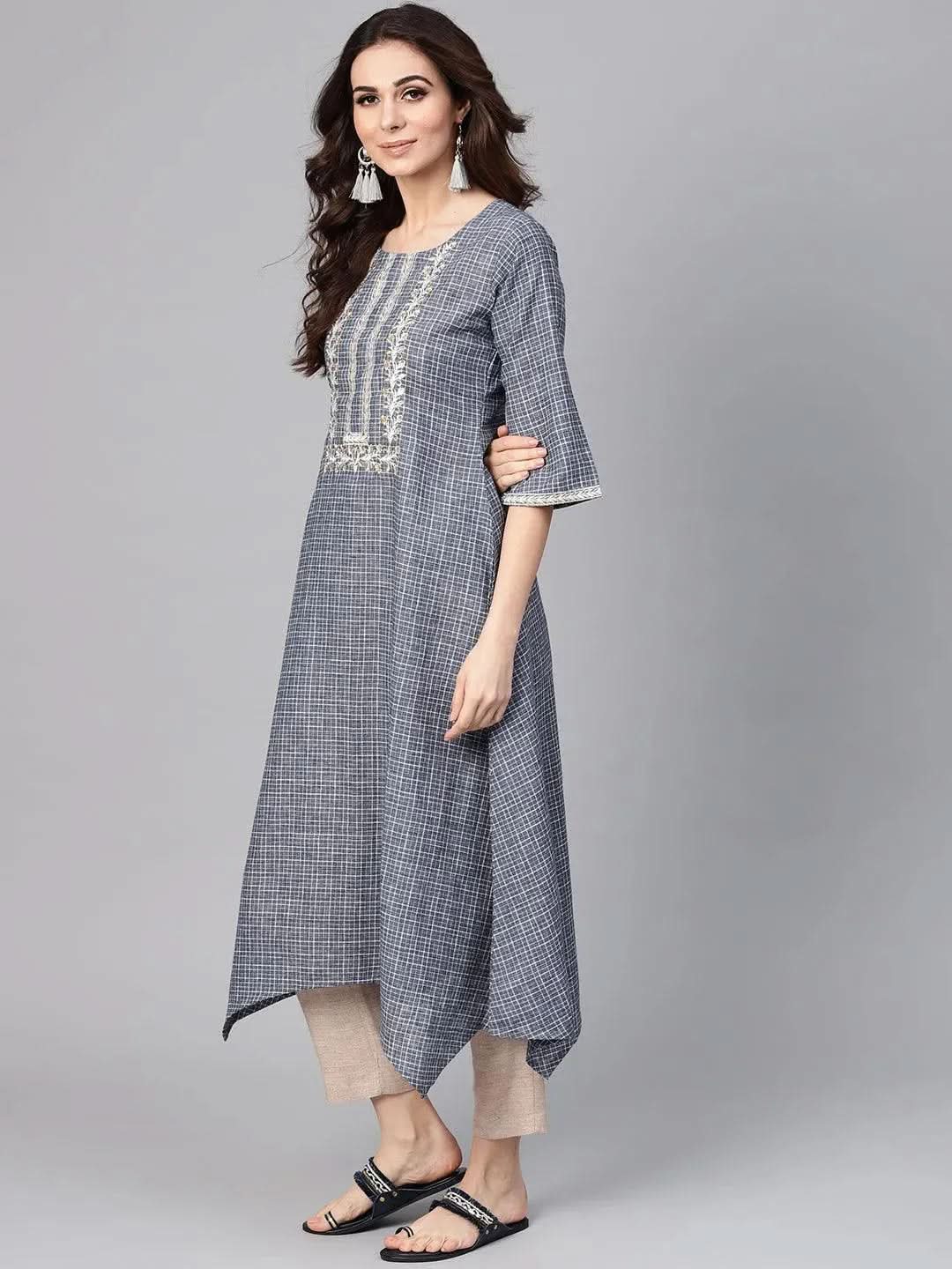 Grey Checkered Cotton Kurta - Libas