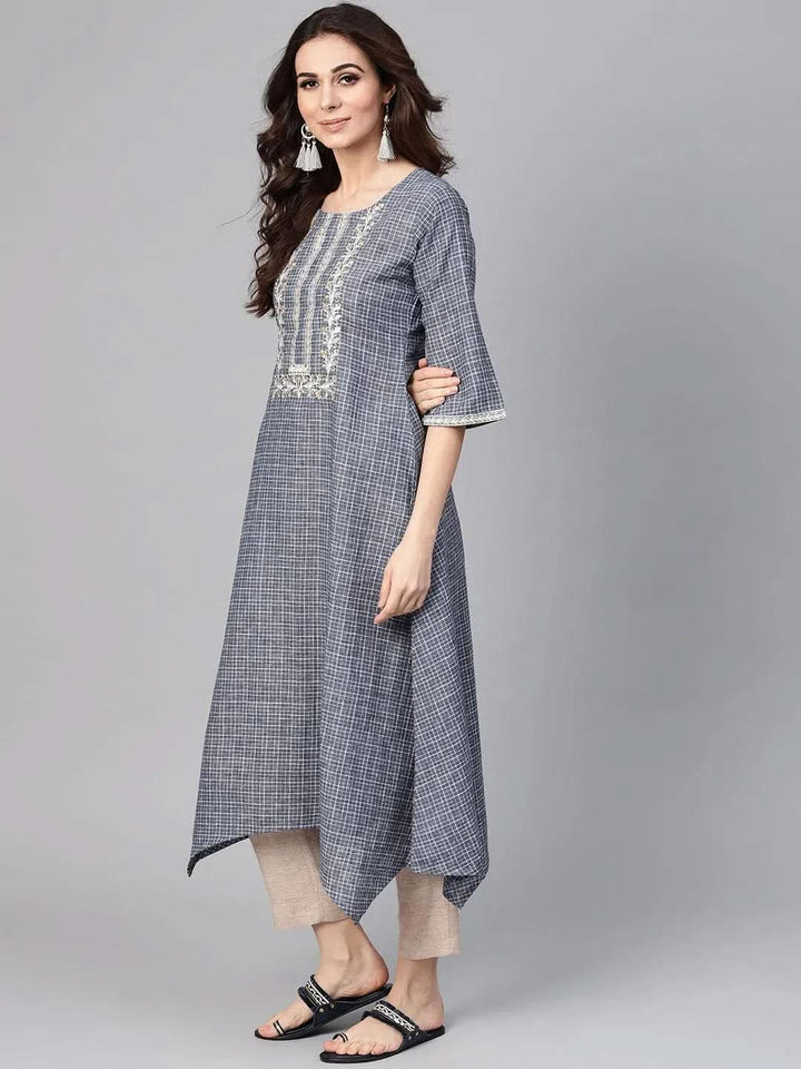 Grey Checkered Cotton Kurta - Libas