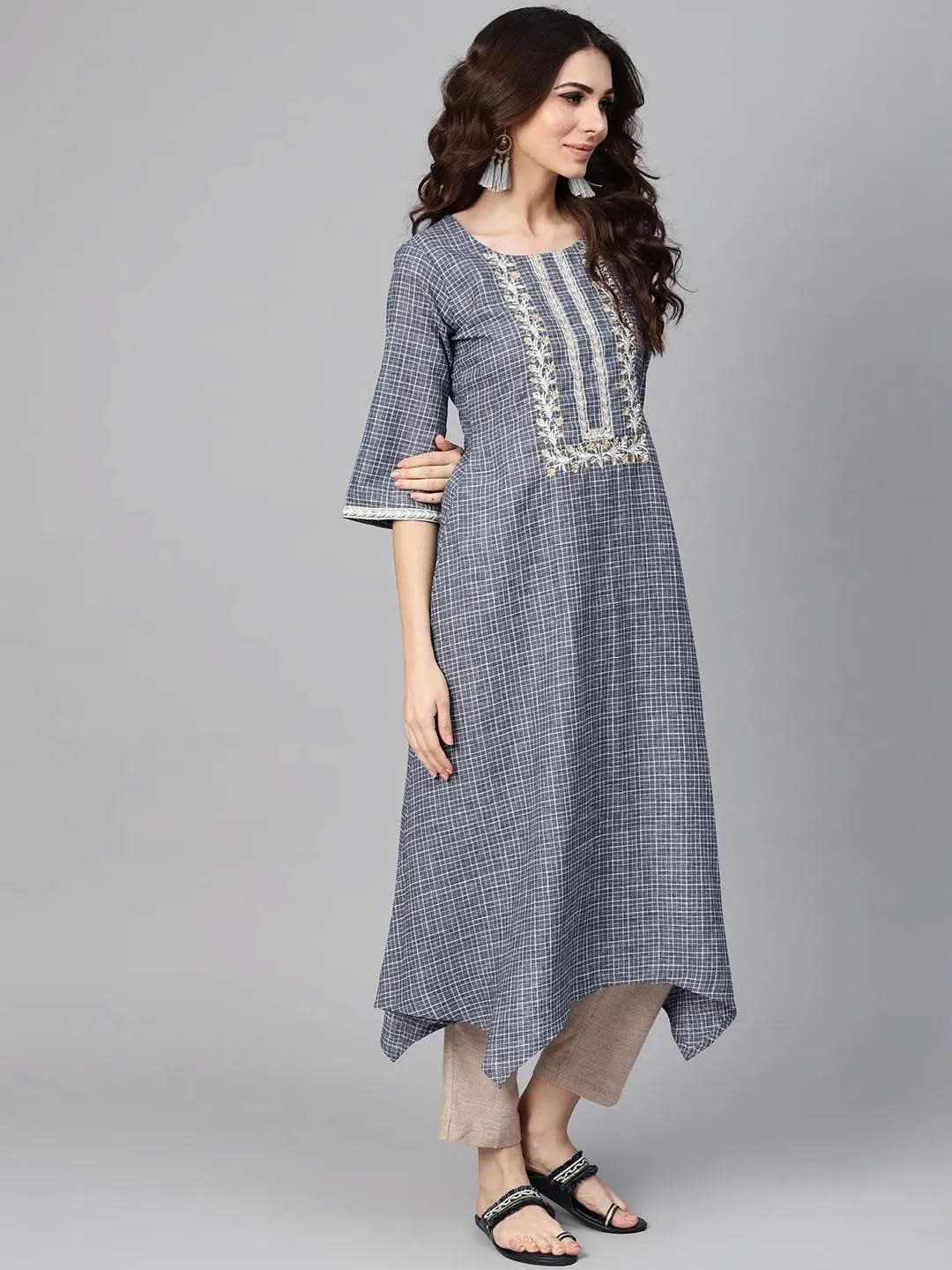 Grey Checkered Cotton Kurta - Libas