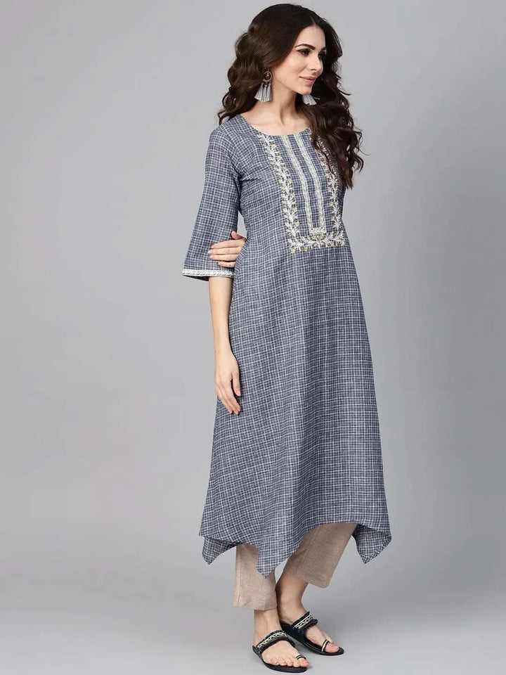Grey Checkered Cotton Kurta - Libas