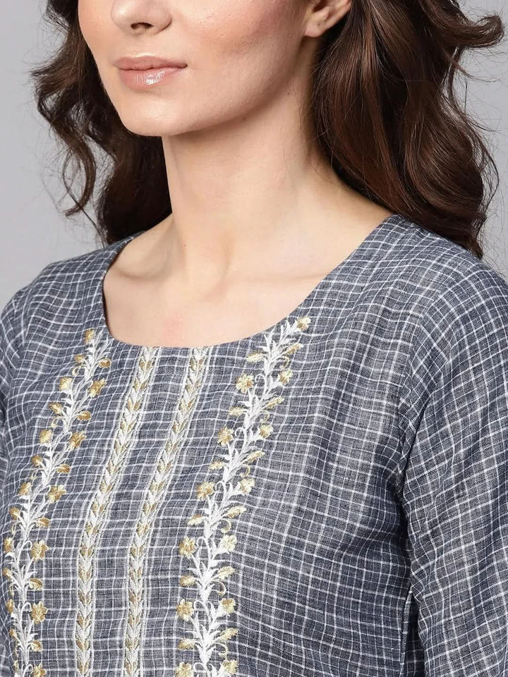 Grey Checkered Cotton Kurta - Libas