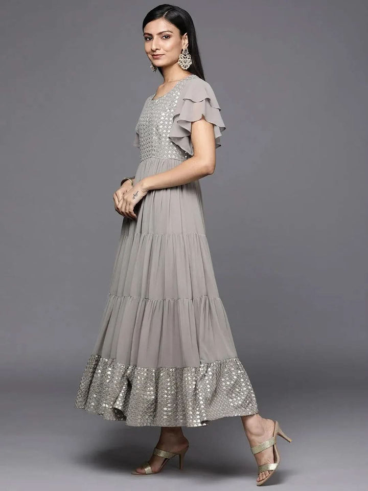 Grey Embellished Georgette Fit and Flare Dress - Libas