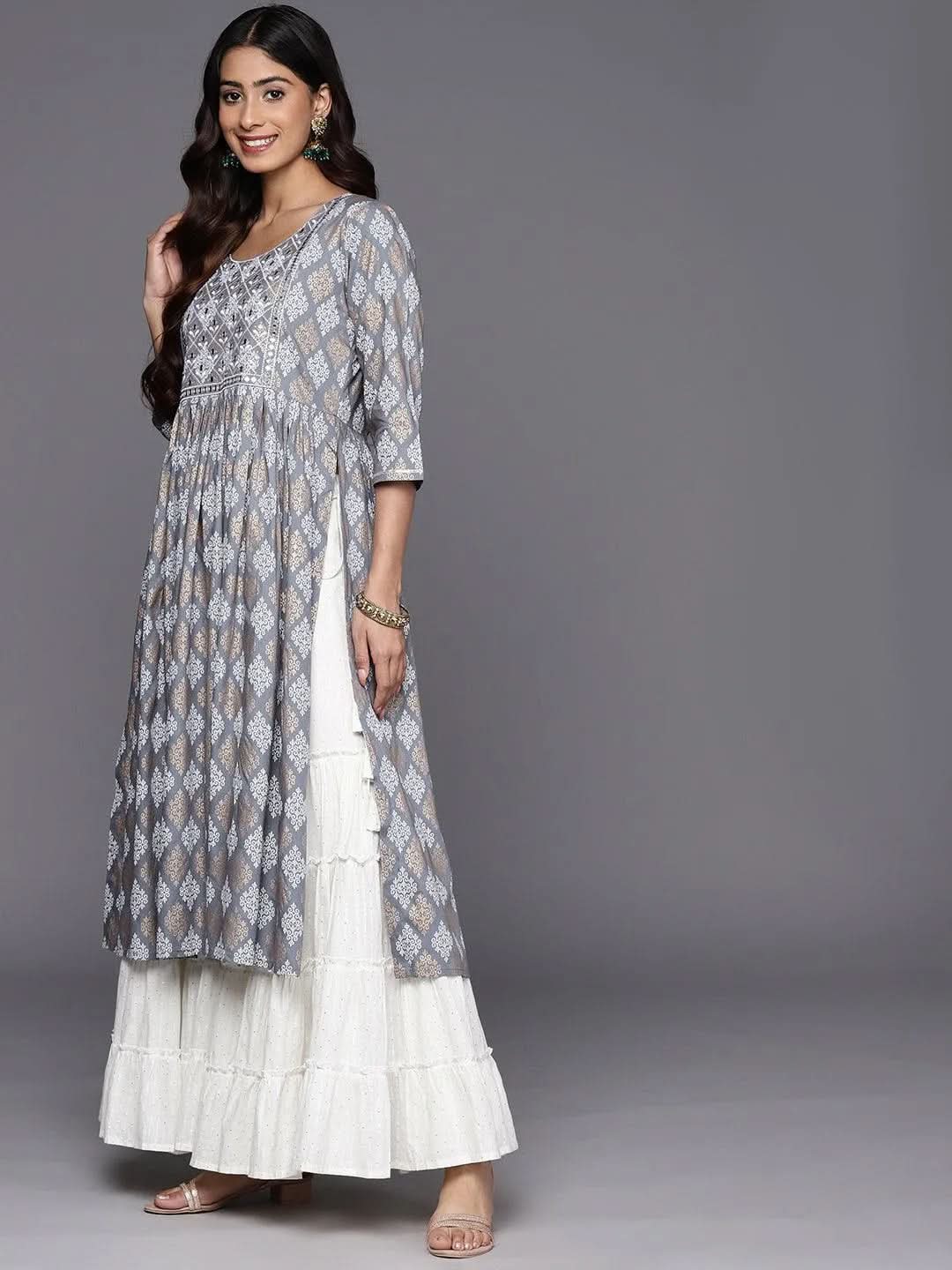 Grey Embellished Rayon A-Line Kurta - Libas