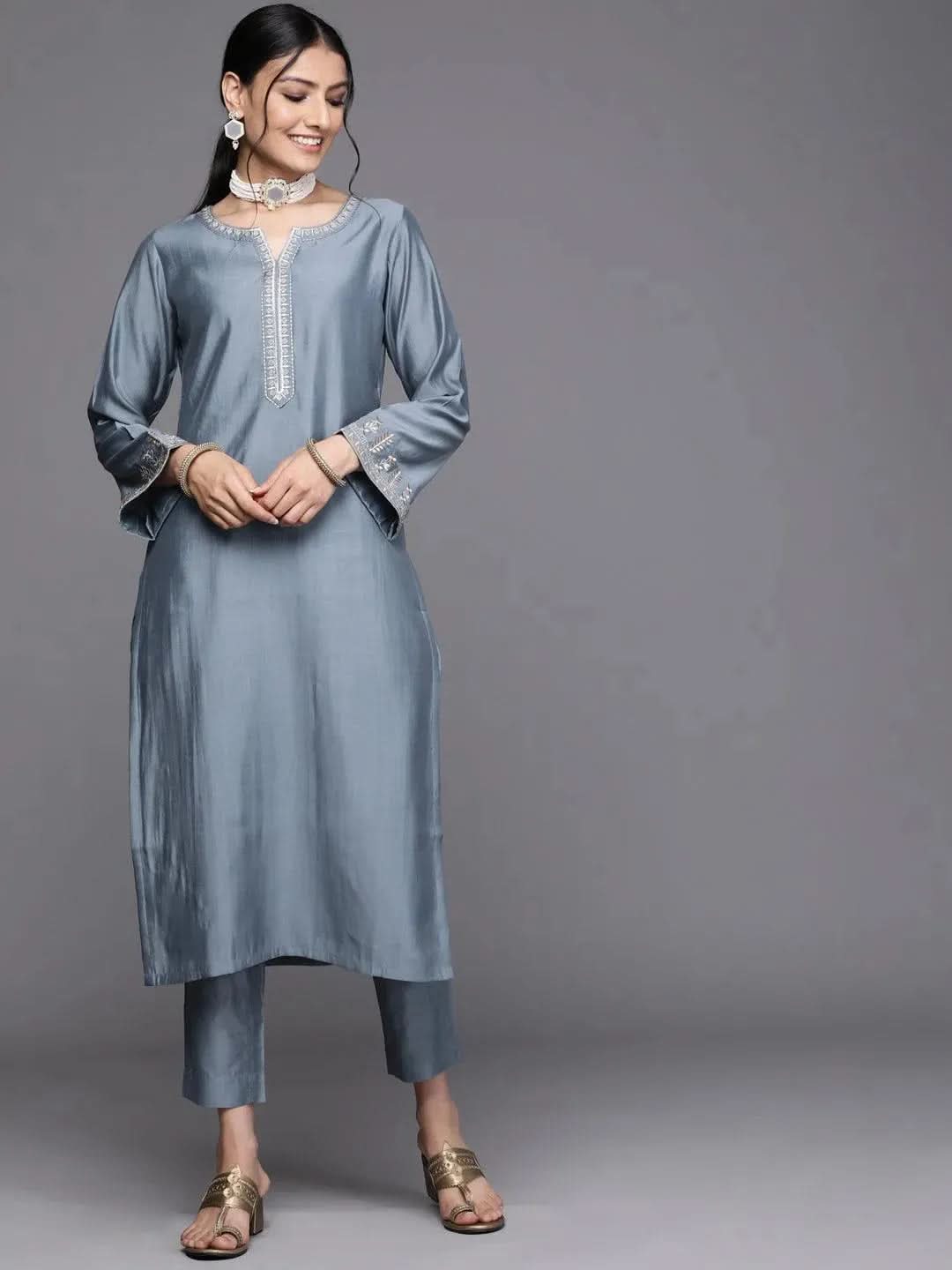 Grey Embroidered Chanderi Silk Kurta - Libas