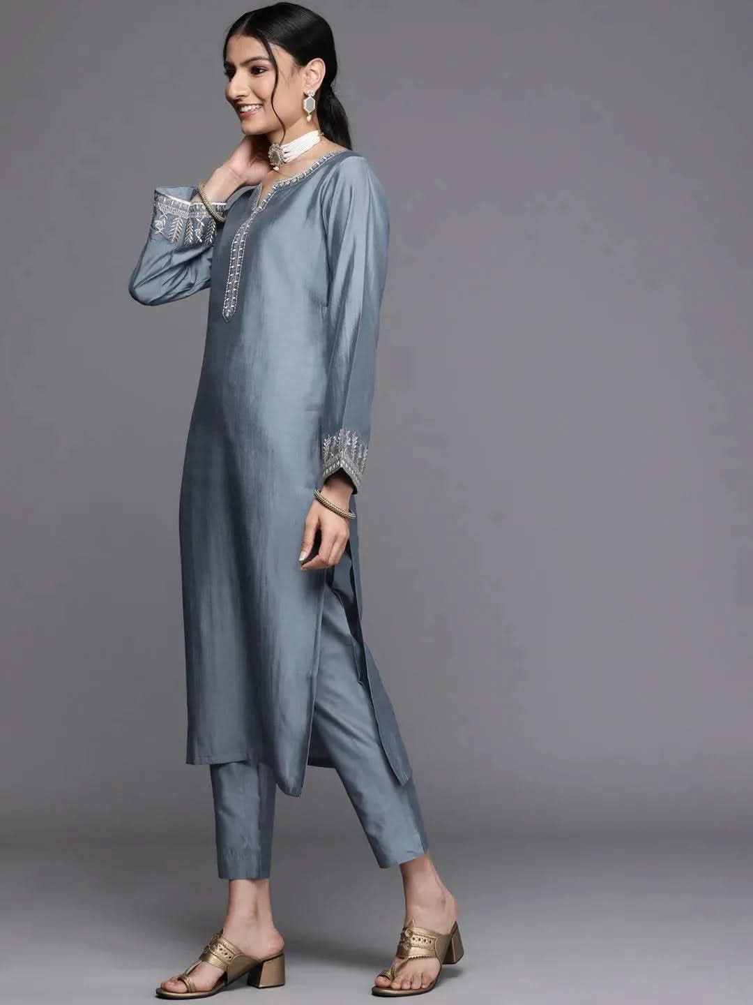 Grey Embroidered Chanderi Silk Kurta - Libas