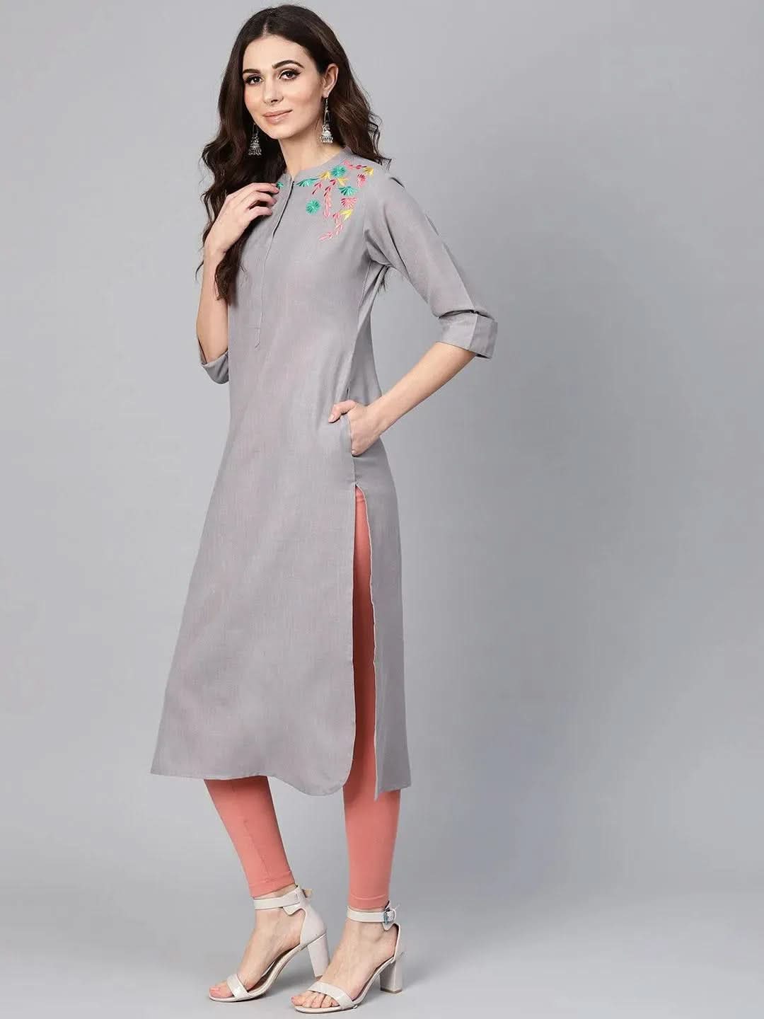 Grey Embroidered Cotton Kurta - Libas