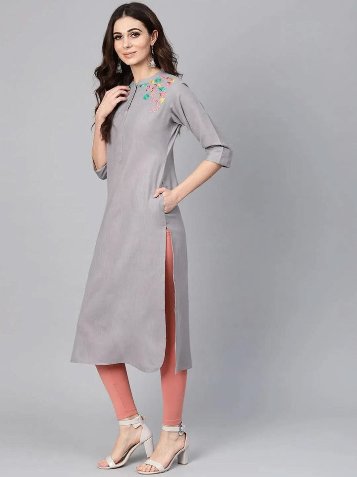 Grey Embroidered Cotton Kurta - Libas