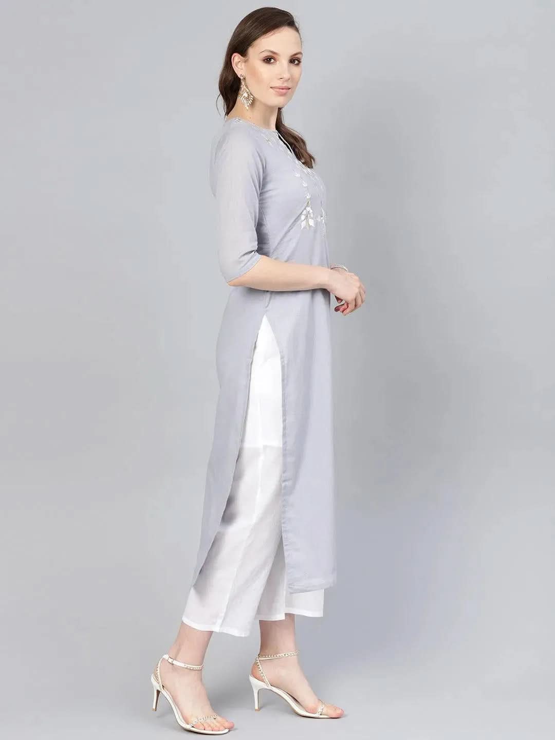 Grey Embroidered Cotton Straight Kurta With Palazzos & Dupatta
Grey Embroidered Cotton Straight Kurta With Palazzos & Dupatta