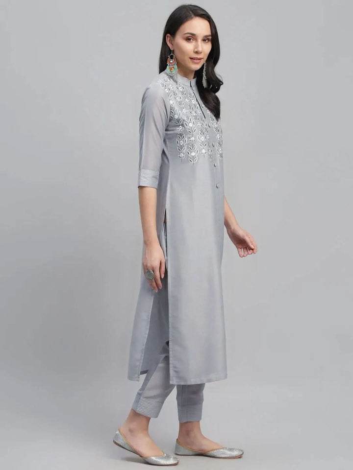 Grey Embroidered Crepe Kurta - Libas