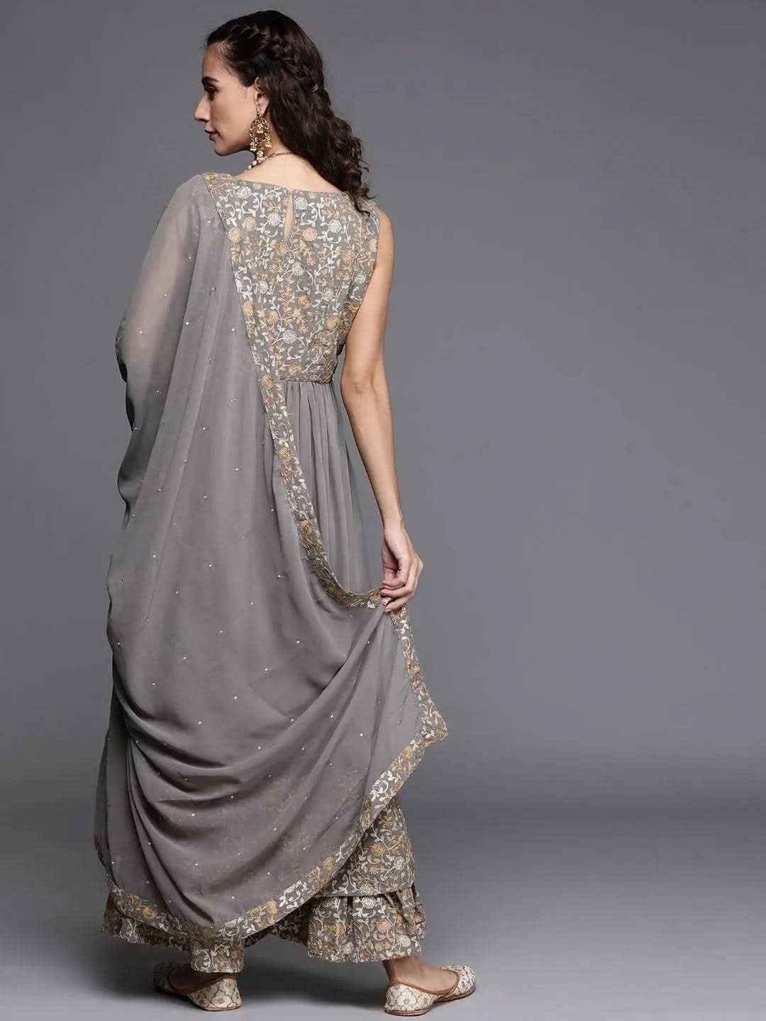 Grey Embroidered Georgette Suit Set - Libas