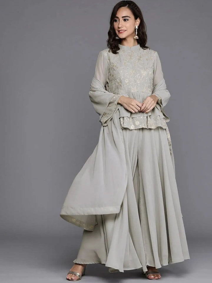 Grey Embroidered Georgette Suit Set - Libas