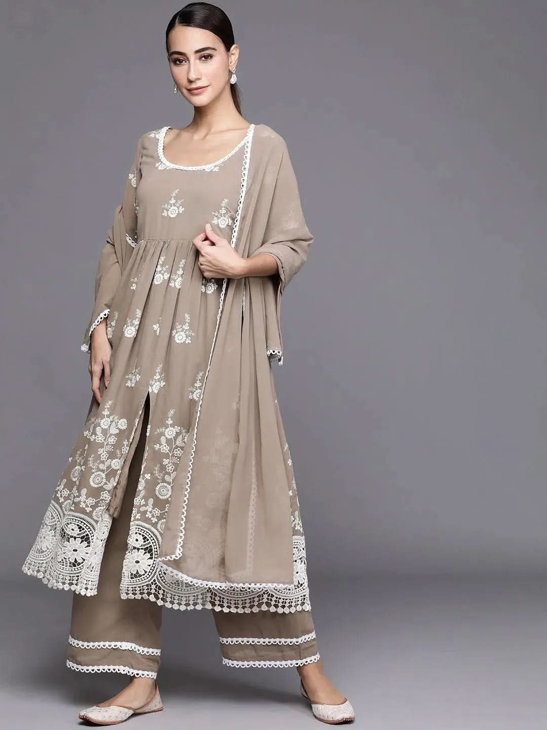 Grey Embroidered Georgette Suit Set - Libas