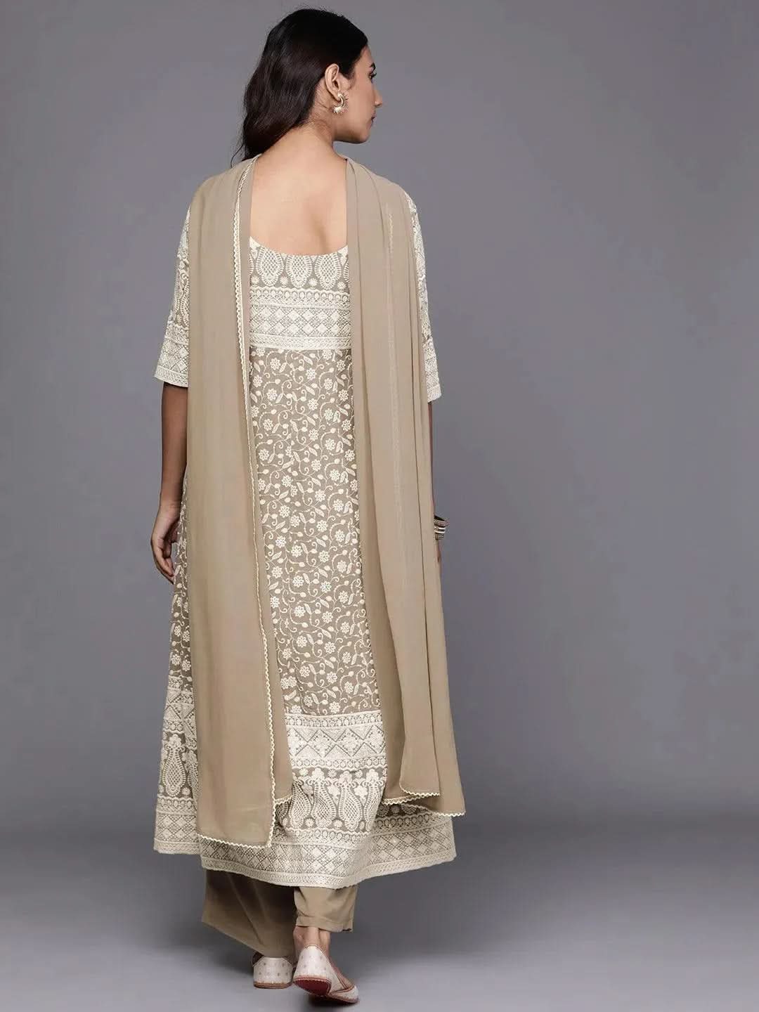 Grey Embroidered Georgette Suit Set - Libas