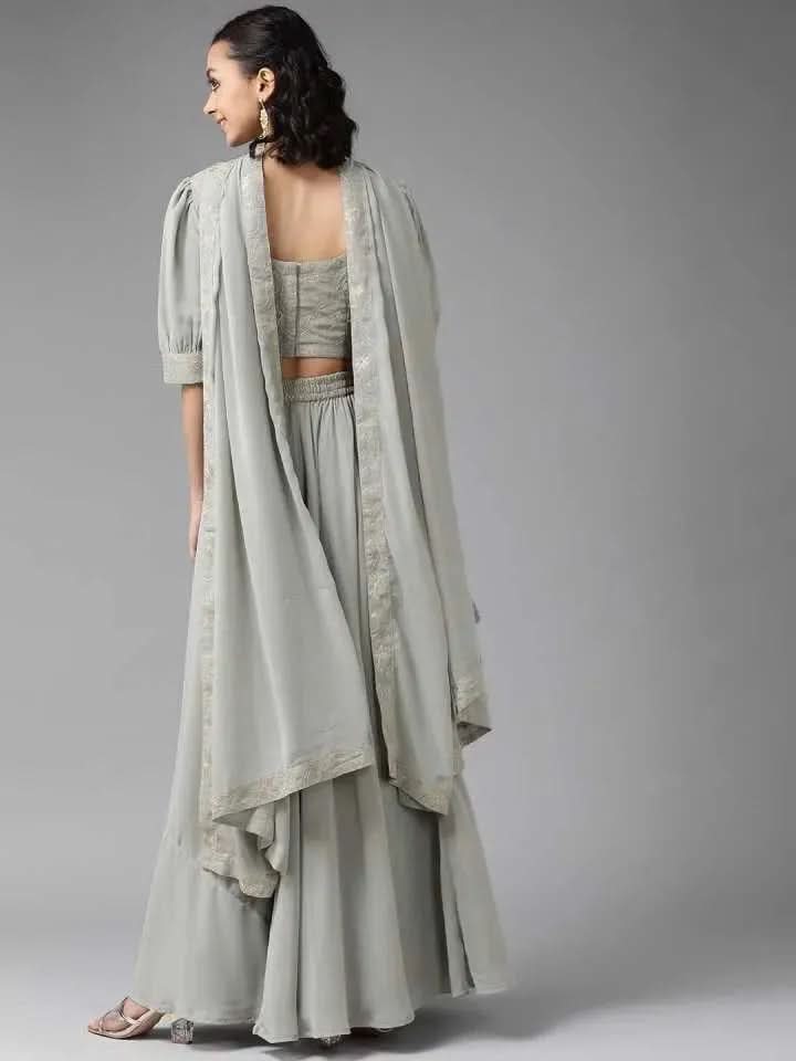 Grey Embroidered Georgette Lehenga Set - Libas