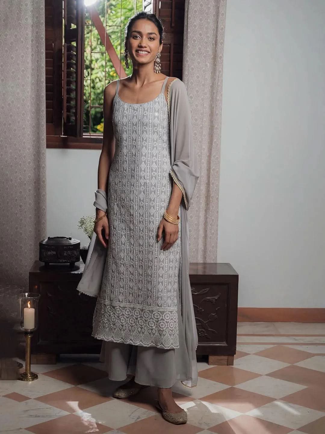 Grey Embroidered Georgette Suit Set - Libas