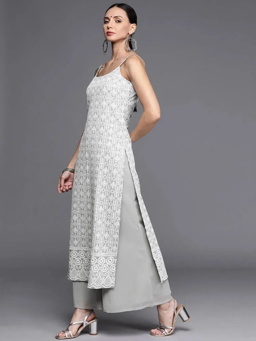 Grey Embroidered Georgette Suit Set - Libas