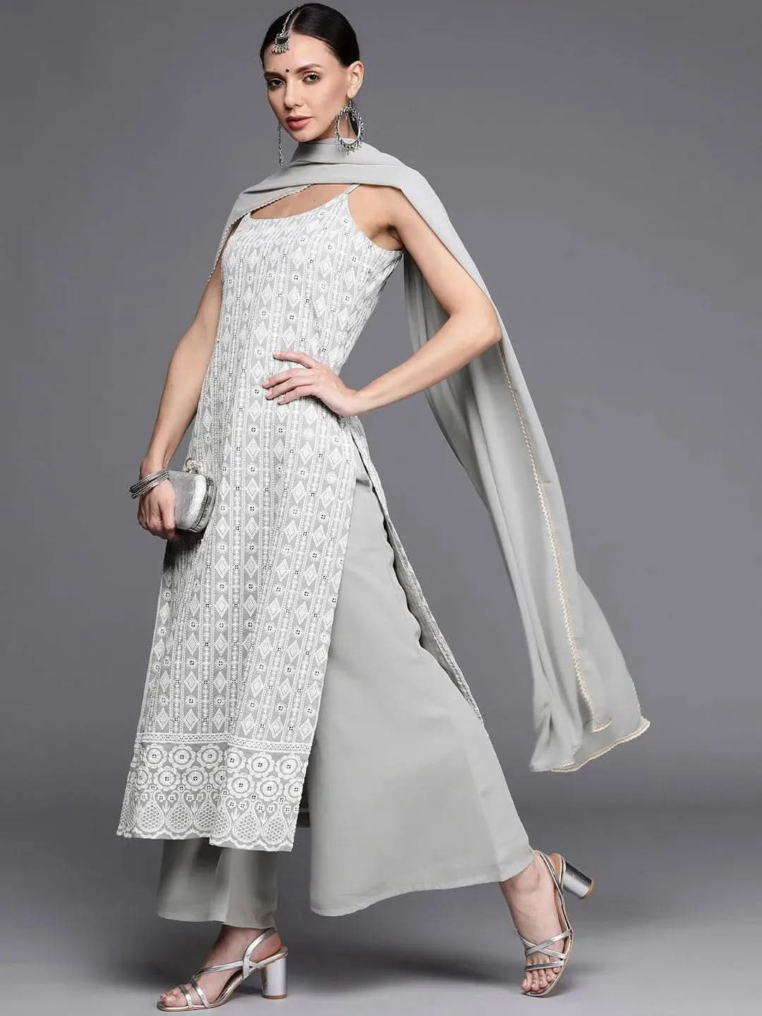 Grey Embroidered Georgette Suit Set - Libas