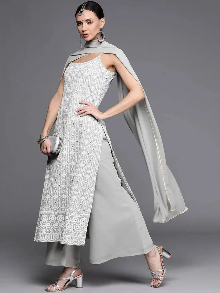 Grey Embroidered Georgette Suit Set - Libas