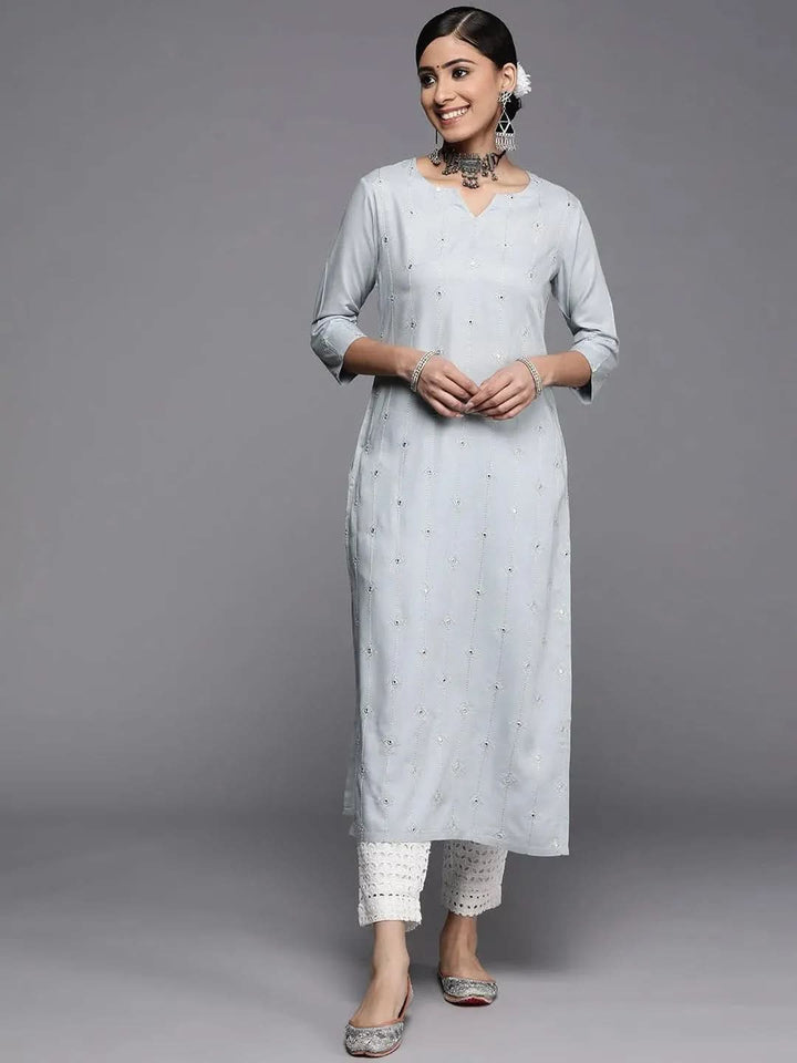 Grey Embroidered Rayon Kurta - Libas