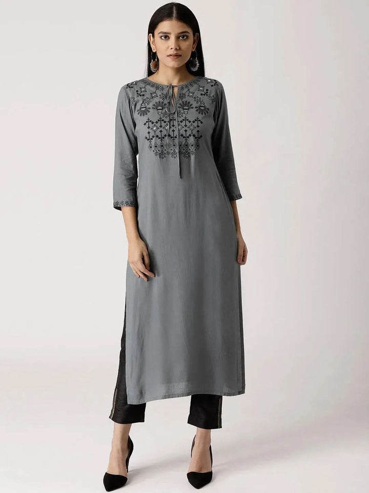Grey Embroidered Rayon Kurta - Libas