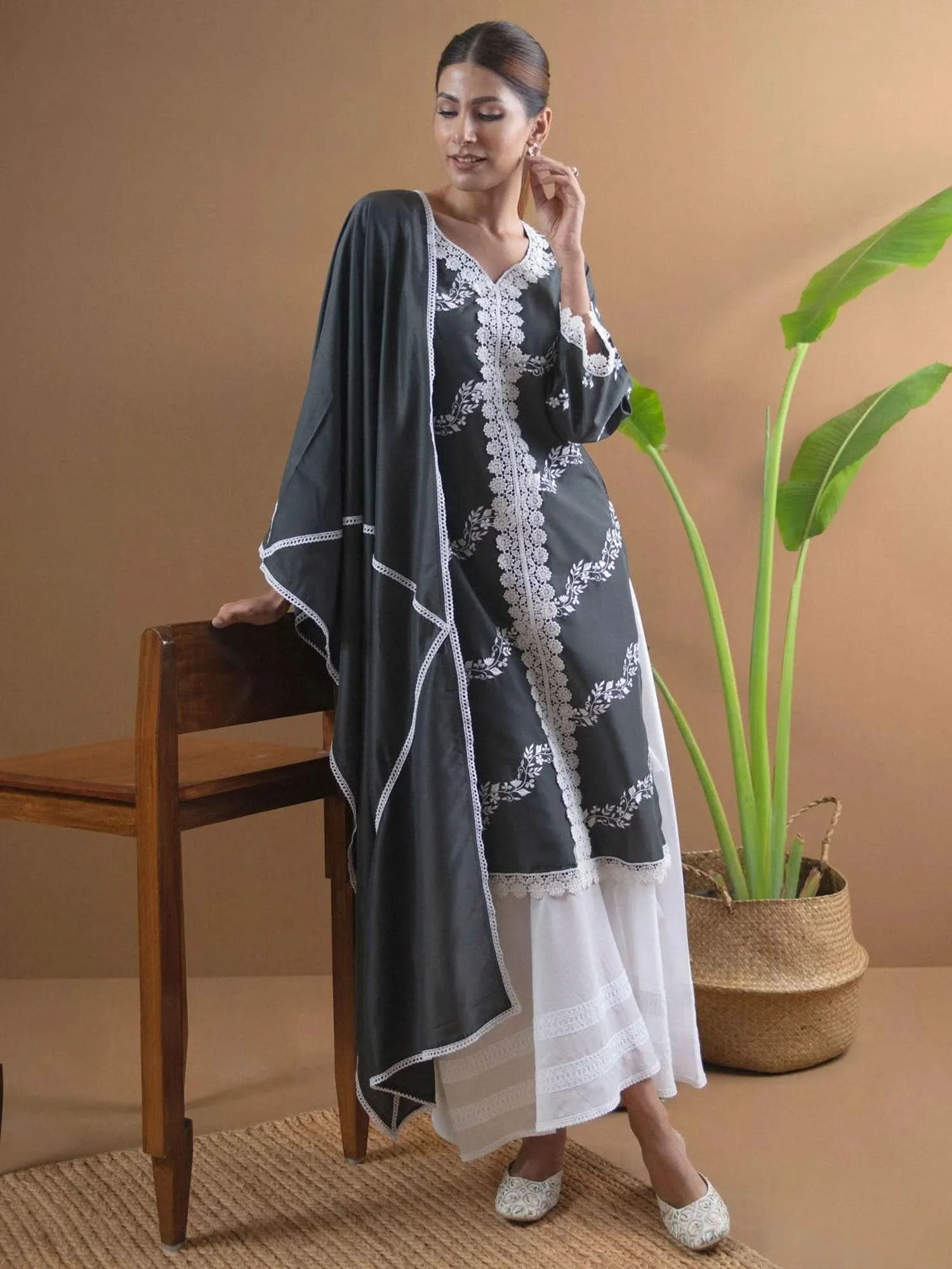 Grey Embroidered Shantoon Straight Kurta With Palazzos & Dupatta
Grey Embroidered Shantoon Straight Kurta With Palazzos & Dupatta