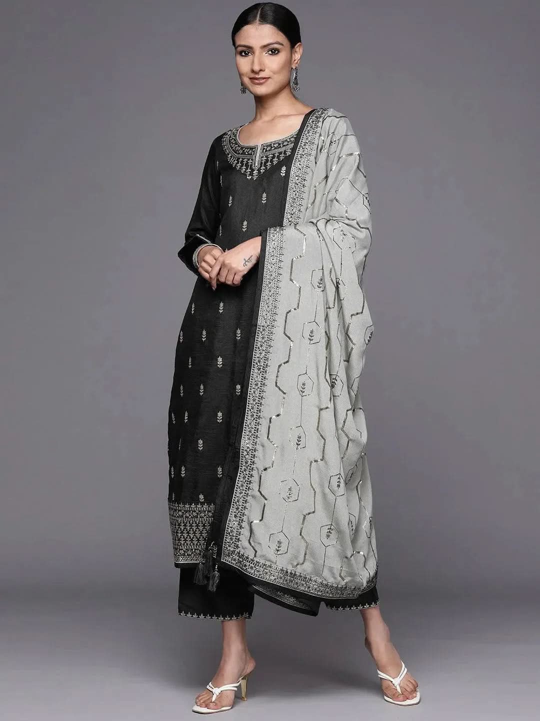 Grey Embroidered Silk Blend Straight Suit Set - Libas