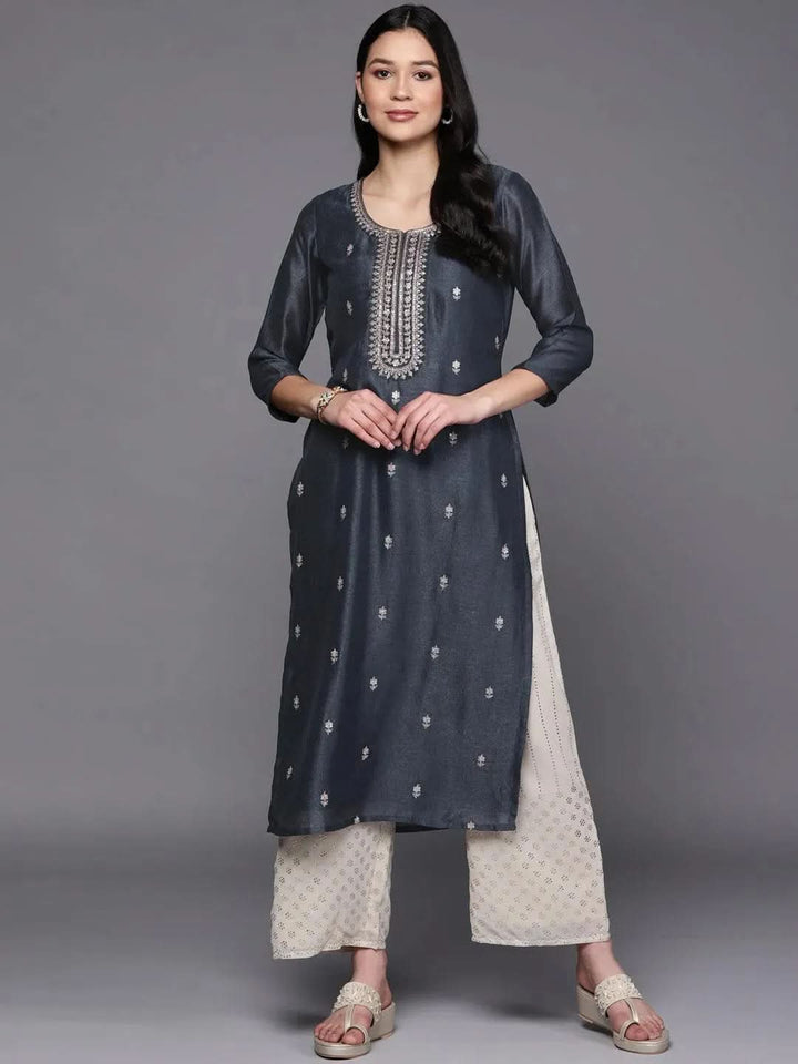 Grey Embroidered Silk Straight Kurta - Libas