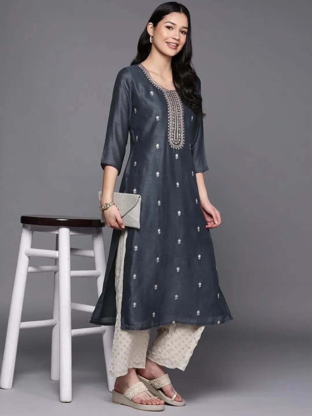 Grey Embroidered Silk Straight Kurta - Libas