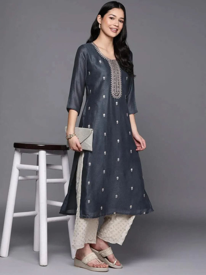Grey Embroidered Silk Straight Kurta - Libas