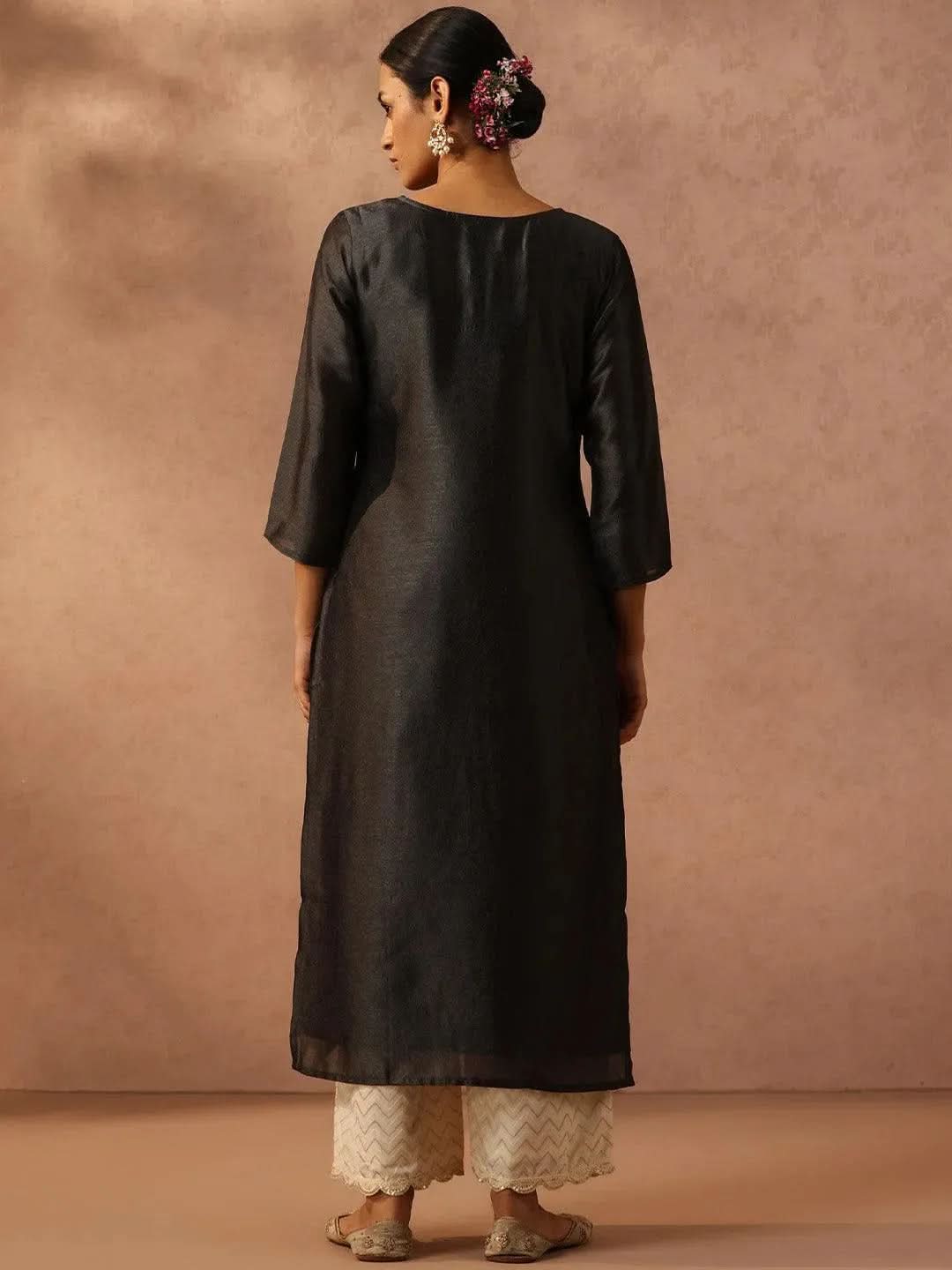 Grey Embroidered Silk Straight Kurta - Libas