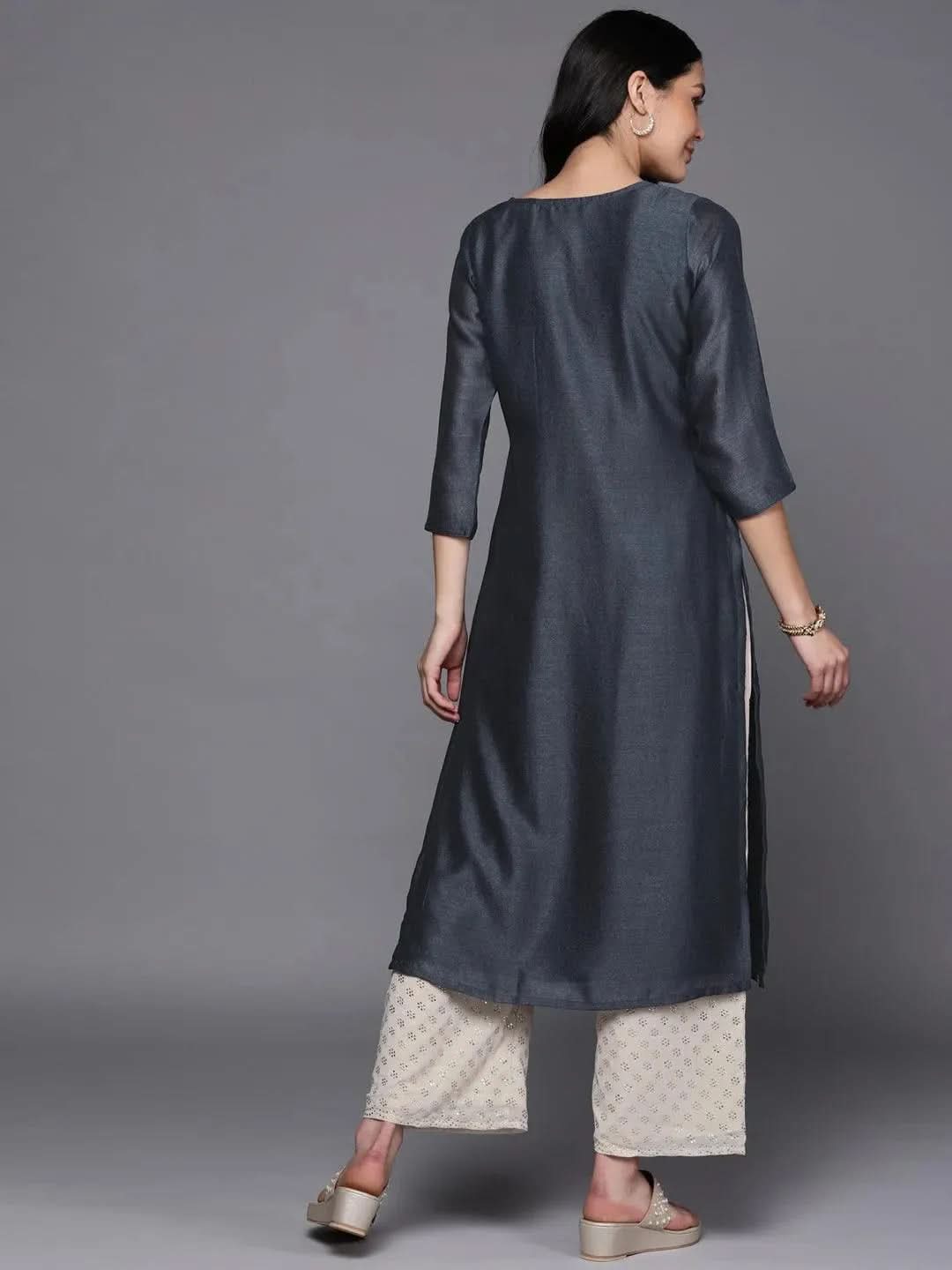 Grey Embroidered Silk Straight Kurta - Libas