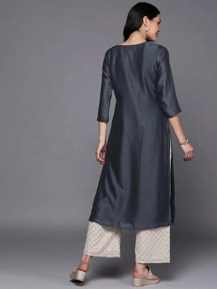 Grey Embroidered Silk Straight Kurta - Libas