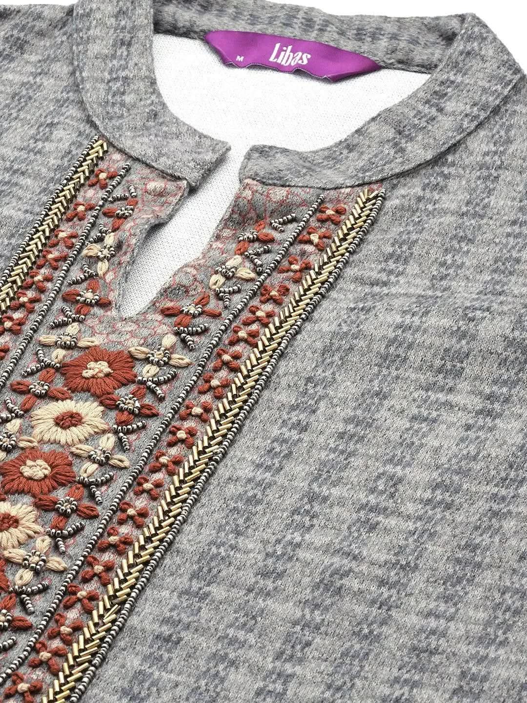 Grey Embroidered Wool Straight Kurta With Trousers & Dupatta 
Grey Embroidered Wool Straight Kurta With Trousers & Dupatta