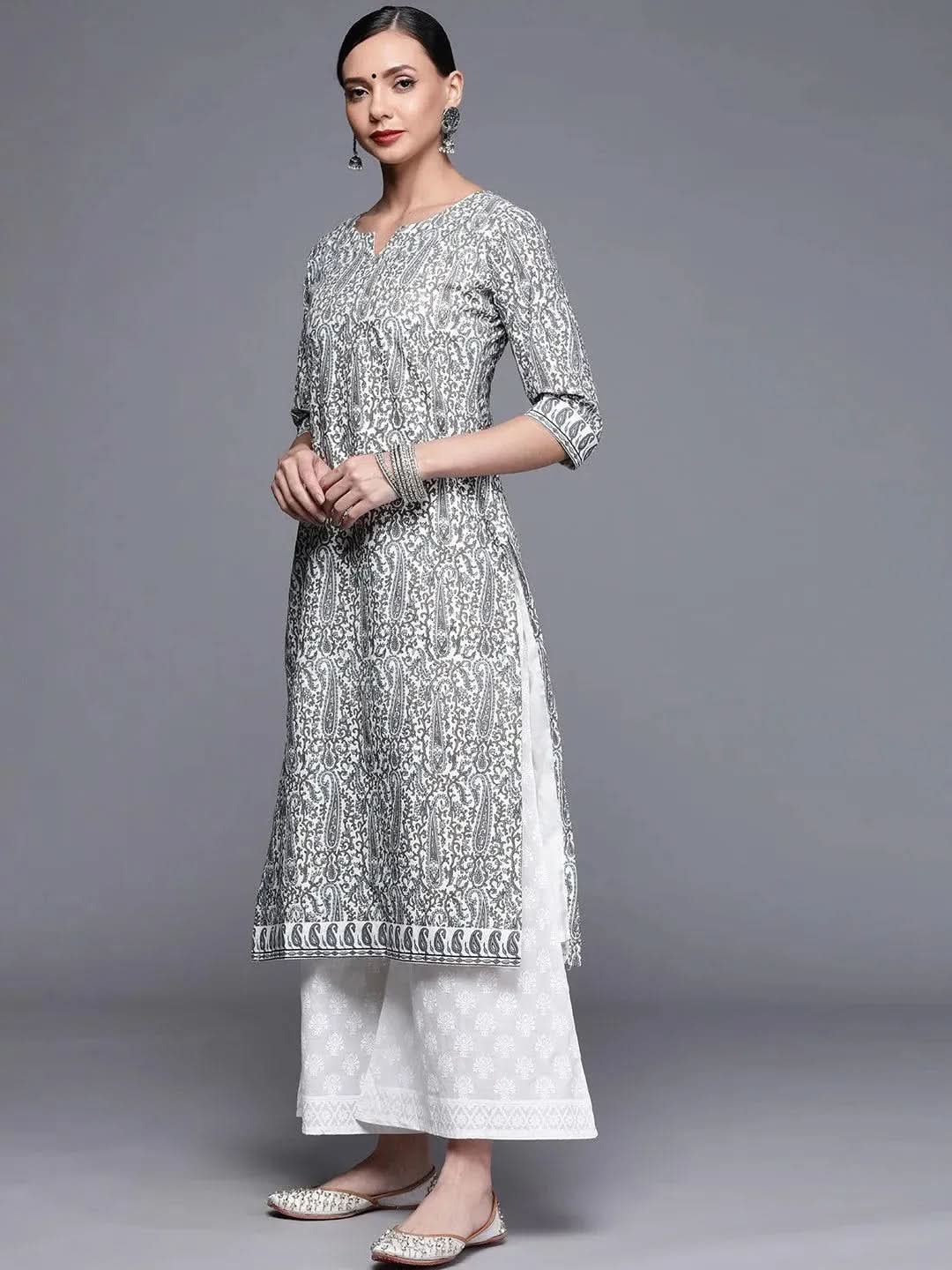 Grey Printed Chanderi Silk Kurta - Libas
