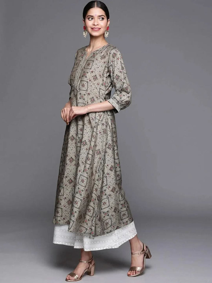 Grey Printed Chanderi Silk Kurta - Libas