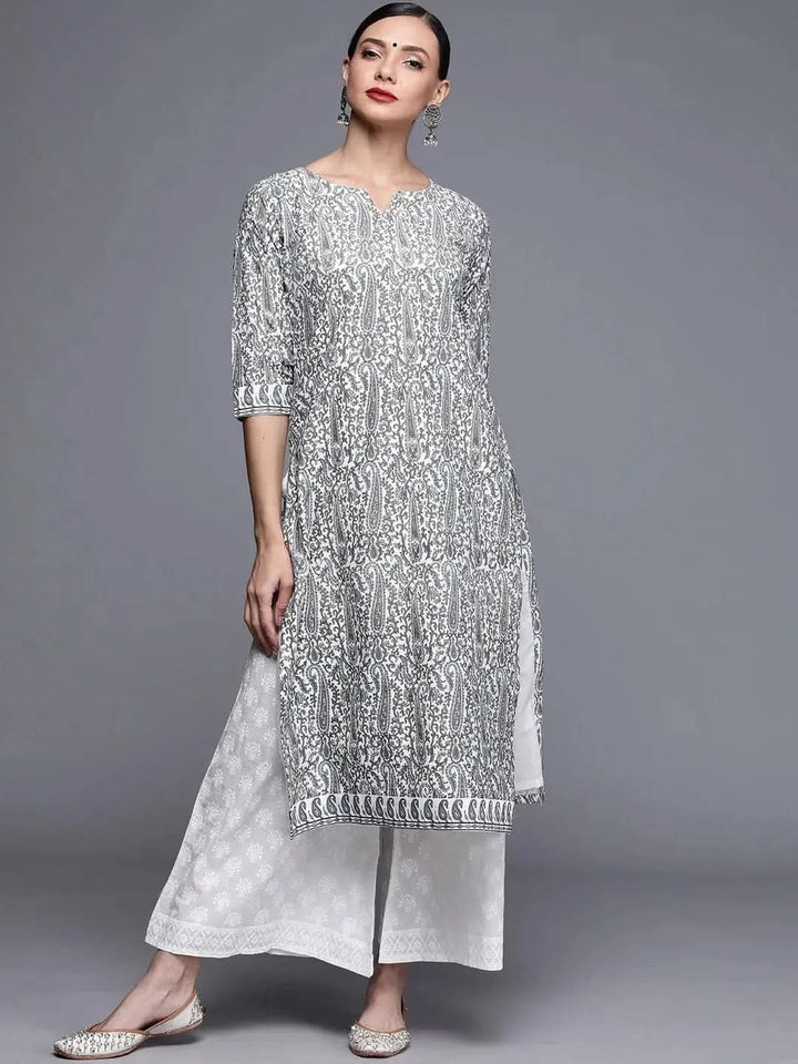 Grey Printed Chanderi Silk Kurta - Libas